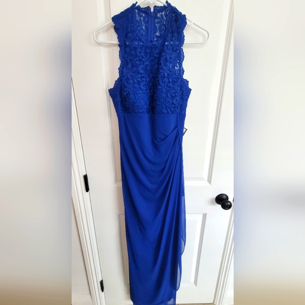 Xscape Blue Ruched Embellished Halter Gown
